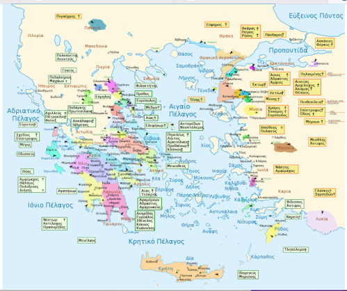 Από https:::el.wikipedia.org:wiki:Νεών_κατάλογος - Χάρτης της Ομηρικής Ελλάδας. Με πράσινο πλαίσιο απεικονίζονται οι Αχαιοί και με Κίτρινο οι Τρώες και οι σύμμαχοι.
